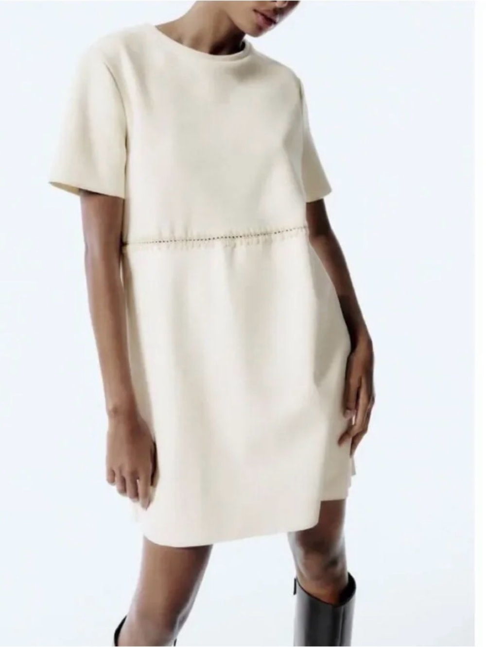 Zara Cream Short-Sleeve Mini Shift Dress